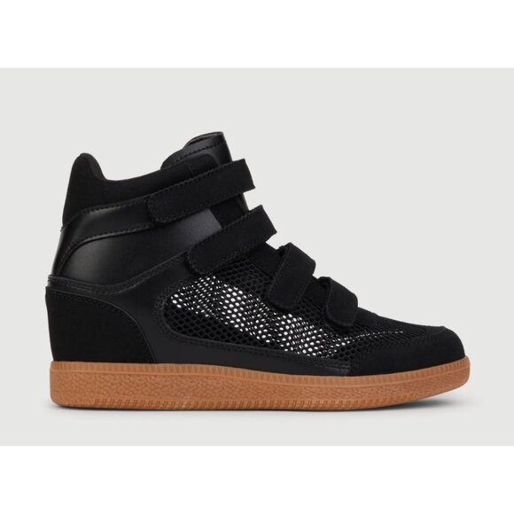 Black Stylish Fishnet Wedge High Top Sneakers with Velcro Straps & Rubber Sole 9 - Picture 4 of 5